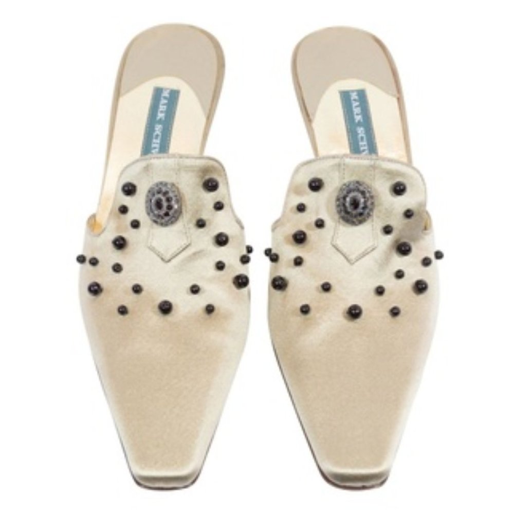 Khaki Satin Heels with crystals and beading by Mark Schwartz